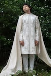 Jatin Malik_Ivory Linen Silk Embroidered 3d Floral Wisteria Sherwani Set With Stole _Online_at_Aza_Fashions