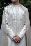 Shop_Jatin Malik_Ivory Linen Silk Embroidered 3d Floral Wisteria Sherwani Set With Stole _Online_at_Aza_Fashions