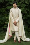 Buy_Jatin Malik_Yellow Linen Silk Embroidered Mukaish Floral Veli Sherwani Set With Stole _at_Aza_Fashions