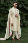 Shop_Jatin Malik_Yellow Linen Silk Embroidered Mukaish Floral Veli Sherwani Set With Stole _at_Aza_Fashions