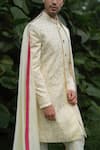 Buy_Jatin Malik_Yellow Linen Silk Embroidered Mukaish Floral Veli Sherwani Set With Stole _Online_at_Aza_Fashions