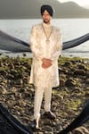 Buy_Jatin Malik_Ivory Linen Silk Embroidered Thread Floral Sherwani Set With Stole _at_Aza_Fashions