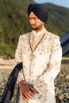 Shop_Jatin Malik_Ivory Linen Silk Embroidered Thread Floral Sherwani Set With Stole _at_Aza_Fashions