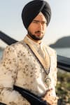 Buy_Jatin Malik_Ivory Linen Silk Embroidered Thread Floral Sherwani Set With Stole _Online_at_Aza_Fashions