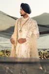 Jatin Malik_Ivory Linen Silk Embroidered Thread Floral Sherwani Set With Stole _at_Aza_Fashions