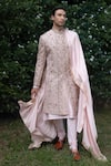 Buy_Jatin Malik_Pink Linen Silk Embroidered Aari Primerose Sherwani Set With Stole _at_Aza_Fashions