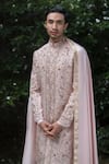 Jatin Malik_Pink Linen Silk Embroidered Aari Primerose Sherwani Set With Stole _Online_at_Aza_Fashions