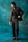 Shop_Jatin Malik_Black Linen Silk Embroidered Pintuck Floral Pattern Tuxedo Pant Set _at_Aza_Fashions