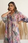 Meghna Panchmatia_Ivory Silk Print Abstract V Neck Kaftan _at_Aza_Fashions