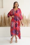 Buy_Meghna Panchmatia_Red Silk Print Abstract V Neck Asymmetric Kaftan _at_Aza_Fashions