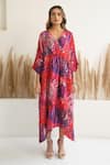 Meghna Panchmatia_Red Silk Print Abstract V Neck Asymmetric Kaftan _Online_at_Aza_Fashions