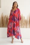 Buy_Meghna Panchmatia_Red Silk Print Abstract V Neck Asymmetric Kaftan _Online_at_Aza_Fashions