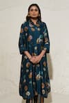 Meghna Panchmatia_Blue Silk Print Floral Collared Neck Jacket With Pant _Online_at_Aza_Fashions