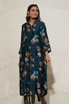 Buy_Meghna Panchmatia_Blue Silk Print Floral Collared Neck Jacket With Pant 