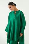 Shop_Shivani Bhargava_Green Silk Solid Band Collar Ira Asymmetric Hem Kimono Tunic 