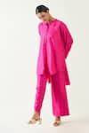 Buy_Shivani Bhargava_Pink Silk Solid Band Collar Ira Asymmetric Hem Kimono Tunic _at_Aza_Fashions