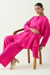 Shop_Shivani Bhargava_Pink Silk Solid Band Collar Ira Asymmetric Hem Kimono Tunic _Online_at_Aza_Fashions