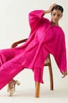 Shivani Bhargava_Pink Silk Solid Band Collar Ira Asymmetric Hem Kimono Tunic _at_Aza_Fashions