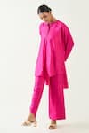 Buy_Shivani Bhargava_Pink Silk Solid Band Collar Ira Asymmetric Hem Kimono Tunic With Pant _at_Aza_Fashions