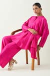 Shivani Bhargava_Pink Silk Solid Band Collar Ira Asymmetric Hem Kimono Tunic With Pant _at_Aza_Fashions