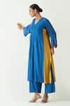 Shop_Shivani Bhargava_Blue Cotton Silk Pintuck V Neck Kriya Color Blocked Kurta _Online_at_Aza_Fashions