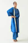 Shop_Shivani Bhargava_Blue Silk Band Collar Niti Color Block Tunic With Pant _Online_at_Aza_Fashions