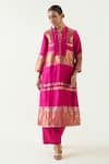 Buy_Shivani Bhargava_Pink Silk Zari Band Collar Stripe Detailed Kurta Pant Set _at_Aza_Fashions