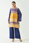 Buy_Shivani Bhargava_Blue Silk Zari Round Mira Stripe Detailed Kurta With Pant _at_Aza_Fashions