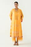 Shivani Bhargava_Yellow Silk Stripe Tissue Handwoven Zari V-neck Mira Choga Kurta _Online_at_Aza_Fashions