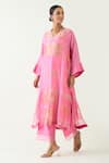 Buy_Shivani Bhargava_Pink Silk Stripe Tissue Handwoven Zari V-neck Mira Hand Embroidered Choga Kurta _at_Aza_Fashions