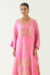 Shivani Bhargava_Pink Silk Stripe Tissue Handwoven Zari V-neck Mira Hand Embroidered Choga Kurta _Online_at_Aza_Fashions