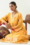 Shivani Bhargava_Yellow Kurta Silk Stripe Tissue Handwoven Zari V-neck Mira Choga Set _at_Aza_Fashions