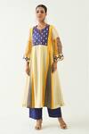 Buy_Shivani Bhargava_Yellow Cotton Silk Embroidered Thread Notched Roop Color Blocked Kurta _at_Aza_Fashions