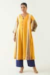 Buy_Shivani Bhargava_Yellow Cotton Silk Hand Embroidered Thread Notched Isha Kurta _at_Aza_Fashions