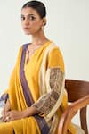 Shop_Shivani Bhargava_Yellow Cotton Silk Hand Embroidered Thread Notched Isha Kurta Set 