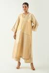 Buy_Shivani Bhargava_Beige Cotton Silk Woven Zari Stripe Notched Kaya Kurta _at_Aza_Fashions