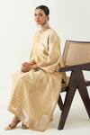 Shop_Shivani Bhargava_Beige Cotton Silk Woven Zari Stripe Notched Kaya Kurta _Online_at_Aza_Fashions