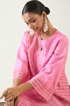 Shop_Shivani Bhargava_Pink Cotton Silk Woven Zari Stripe Notched Kaya Kurta _Online_at_Aza_Fashions