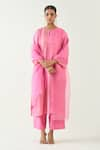 Buy_Shivani Bhargava_Pink Cotton Silk Handwoven Zari Stripe Notched Kaya Kurta Set _at_Aza_Fashions