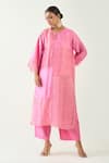 Shivani Bhargava_Pink Cotton Silk Handwoven Zari Stripe Notched Kaya Kurta Set _Online_at_Aza_Fashions