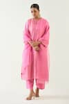 Shivani Bhargava_Pink Cotton Silk Handwoven Zari Stripe Notched Kaya Kurta Set _at_Aza_Fashions