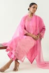 Shop_Shivani Bhargava_Pink Cotton Silk Handwoven Zari Stripe Notched Kaya Kurta Set 