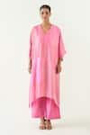 Shivani Bhargava_Pink Cotton Silk Handwoven Zari Stripe V-neck Kaya Kaftan _Online_at_Aza_Fashions