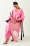 Shop_Shivani Bhargava_Pink Cotton Silk Handwoven Zari Stripe V-neck Kaya Kaftan _Online_at_Aza_Fashions