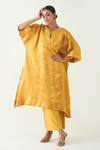 Buy_Shivani Bhargava_Yellow Silk With Gold Weave Embroidered Thread Notched Damani Kurta _at_Aza_Fashions