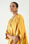 Shop_Shivani Bhargava_Yellow Silk With Gold Weave Embroidered Thread Notched Damani Kurta _Online_at_Aza_Fashions