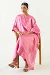 Shop_Shivani Bhargava_Pink Silk With Gold Weave Embroidered Thread Notched Damani Asymmetric Kurta _Online_at_Aza_Fashions