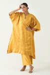 Buy_Shivani Bhargava_Yellow Silk With Gold Weave Embroidered Thread Notched Damani Kurta Pant _at_Aza_Fashions