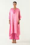 Buy_Shivani Bhargava_Pink Silk With Gold Weave Embroidered Thread Damani Asymmetric Kurta Pant _at_Aza_Fashions