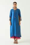 Buy_Shivani Bhargava_Blue Cotton Silk Hand Embroidered Thread Keyhole Leela Kurta _at_Aza_Fashions